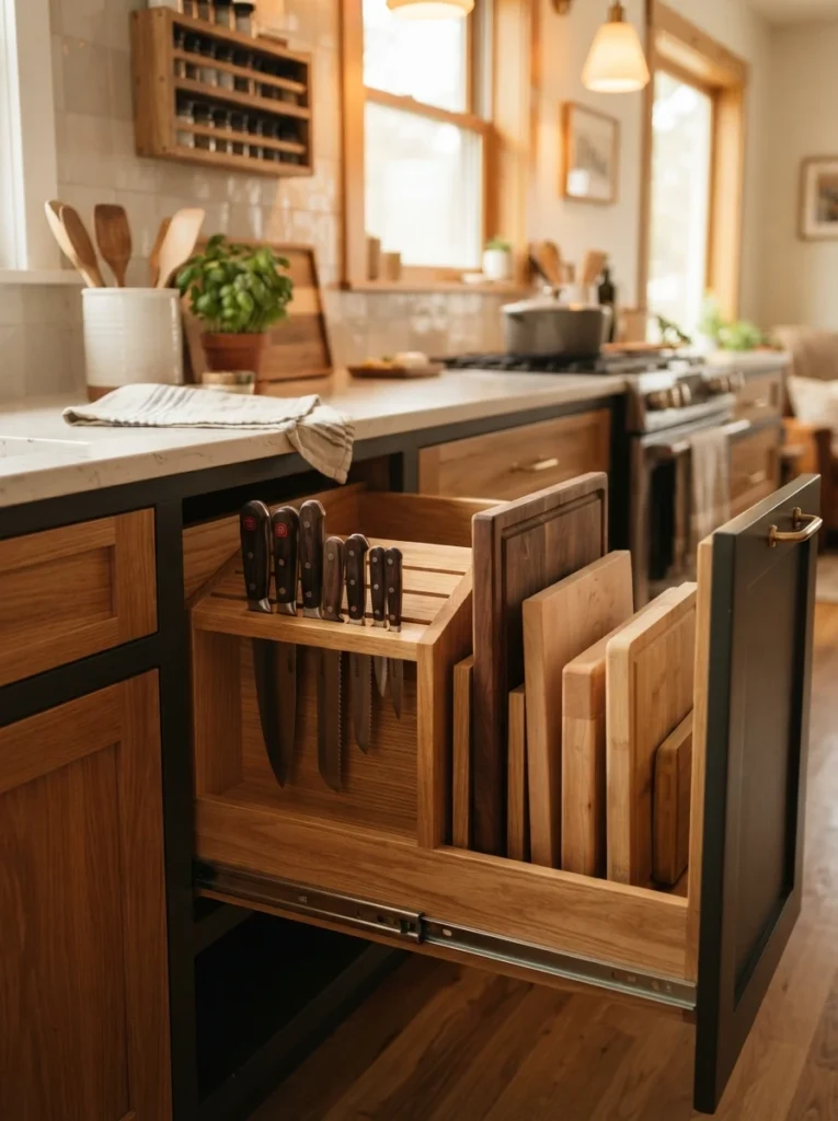 A pullout drawer system combining a knife organizer and vertical cutting board slots, extended from a cabinet, warm kitchen lighting, vertical Pinterest photography, warm combined-system styling.