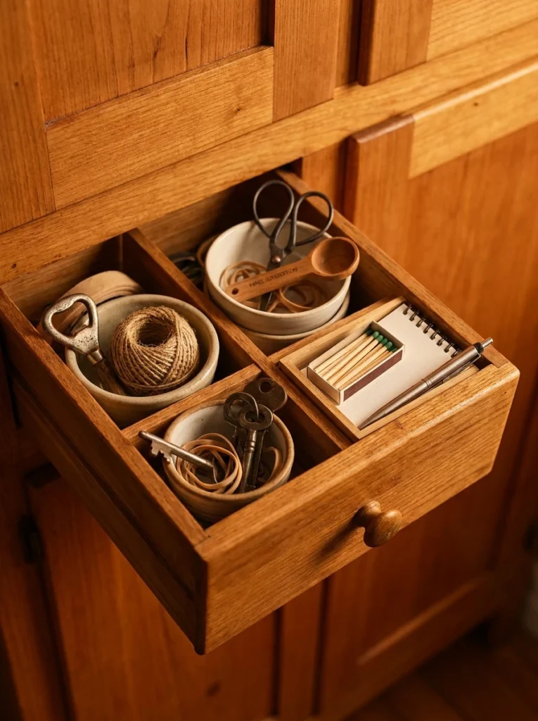 A small designated catch-all drawer for miscellaneous kitchen items, warm kitchen lighting, vertical Pinterest photography, warm catch-all styling.