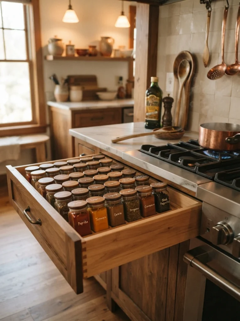 A kitchen drawer positioned near the stove, open to reveal organized spice jars, warm kitchen lighting, vertical Pinterest photography, warm accessible styling.