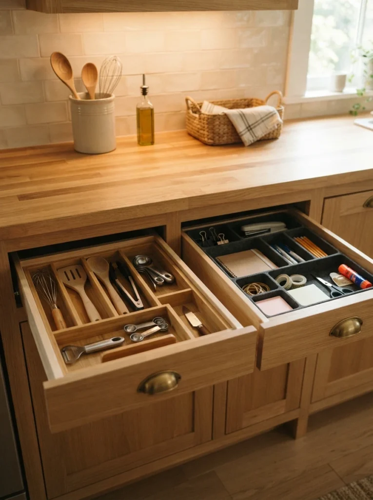 A small file folder inside a kitchen drawer holding sorted receipts and paperwork, warm kitchen lighting, vertical Pinterest photography, warm paper-management styling.