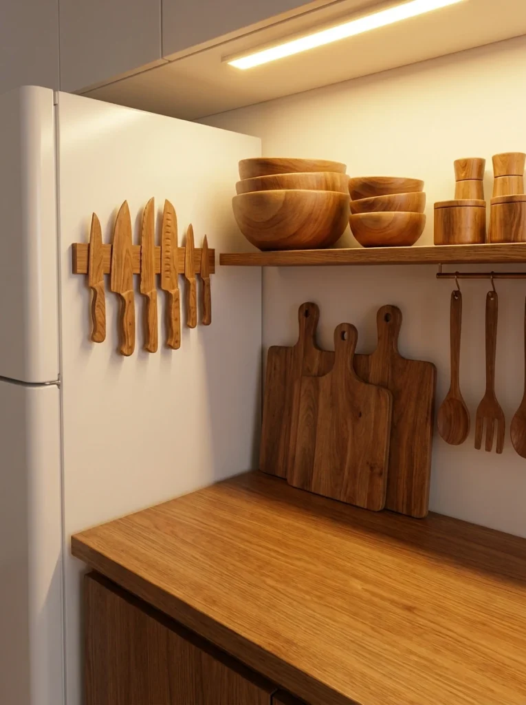A food prep zone in a kitchen holding cutting boards, knives, and mixing bowls near the fridge, warm kitchen lighting, vertical Pinterest photography, warm prep-focused styling.