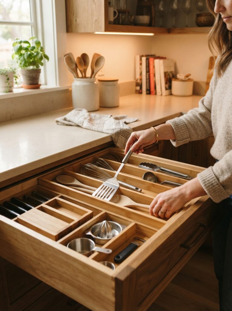 ![Kitchen items being deliberately sorted into designated spots rather than random gaps, warm kitchen lighting, vertical Pinterest photography, warm intentional-placement styling.]