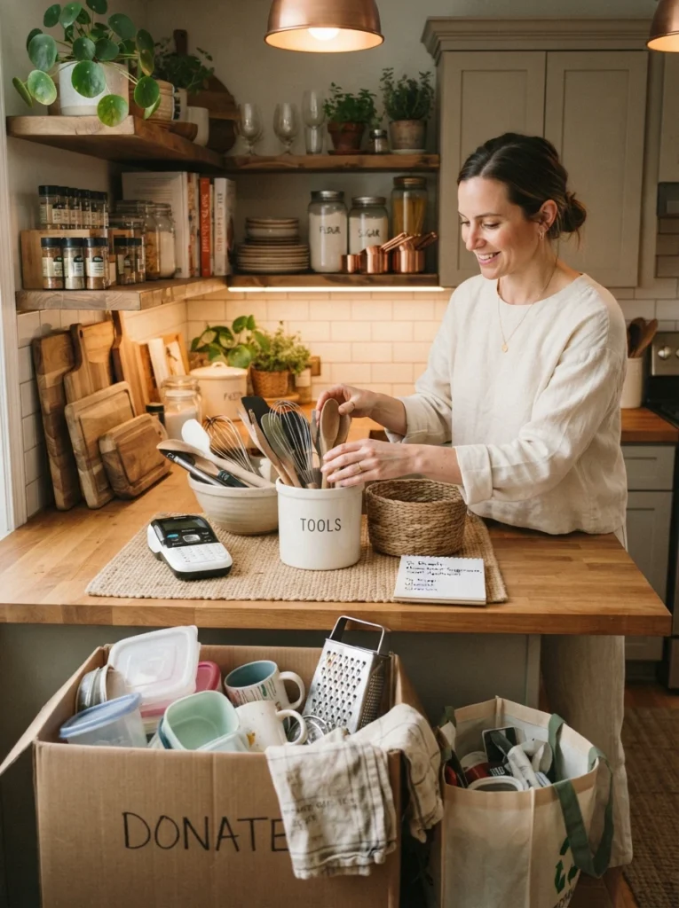 ![Kitchen items being decluttered and sorted before new storage solutions are added, warm kitchen lighting, vertical Pinterest photography, warm declutter-first styling.