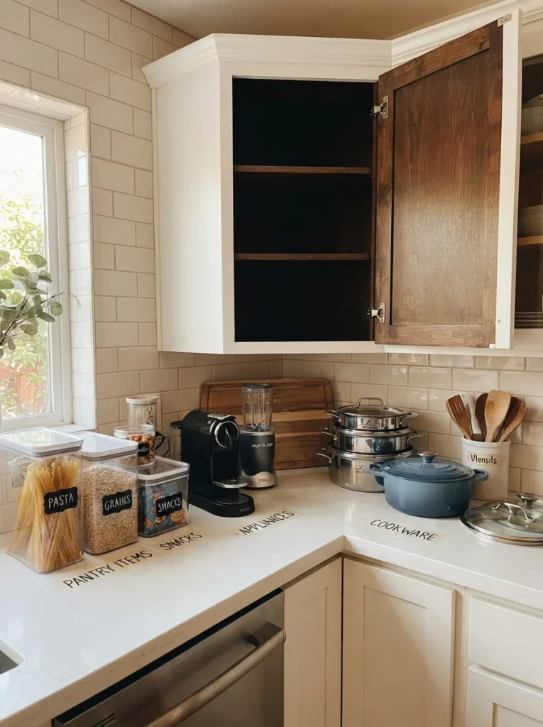 Kitchen items sorted into labeled groups on a counter beside an empty corner cabinet, cookware, appliances, and pantry items separated, warm lighting, vertical Pinterest photography, warm sorting styling.