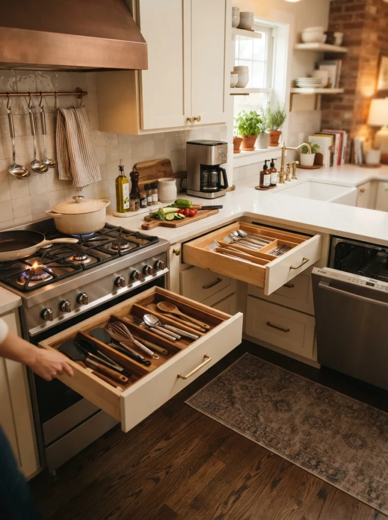 A kitchen layout showing a silverware drawer positioned near a dishwasher and a utensil drawer positioned near the stove, warm kitchen lighting, vertical Pinterest photography, warm workflow styling.