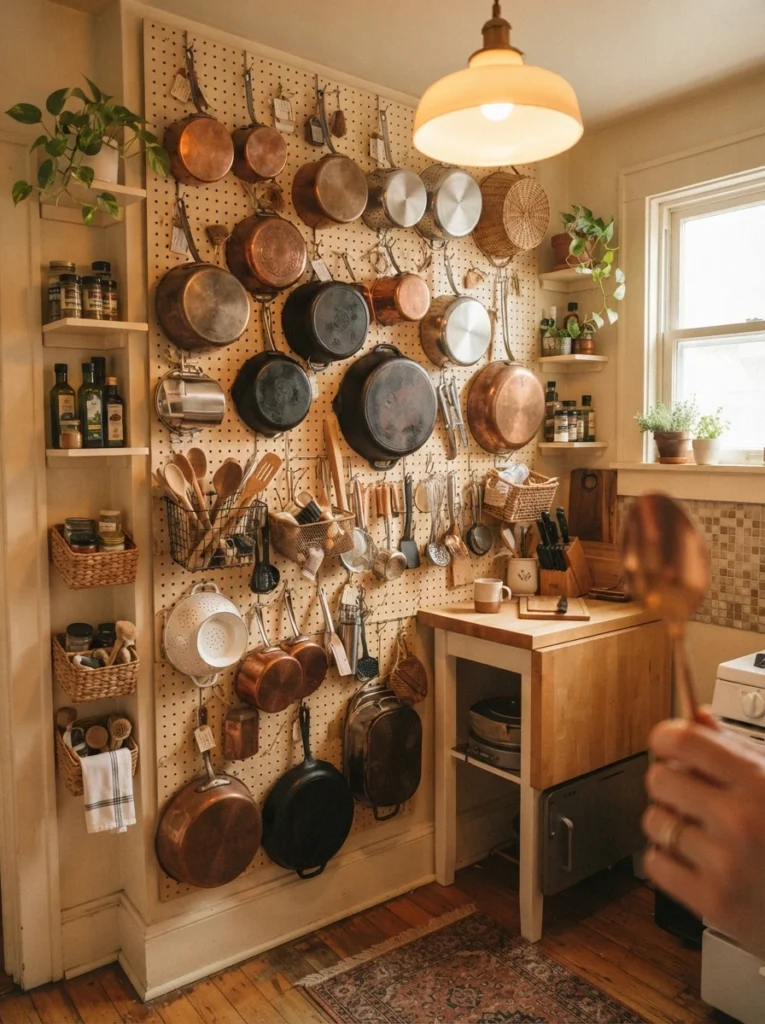 A full pegboard wall in a small kitchen, covered edge to edge with hanging pots, pans, and baskets, warm kitchen lighting, vertical Pinterest photography, warm full-coverage styling.