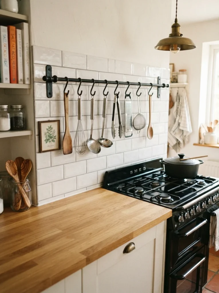 A wall-mounted iron rail near a stove holding hanging cooking utensils, counter space clear beneath, warm kitchen lighting, vertical Pinterest photography, warm rail-mounted styling.