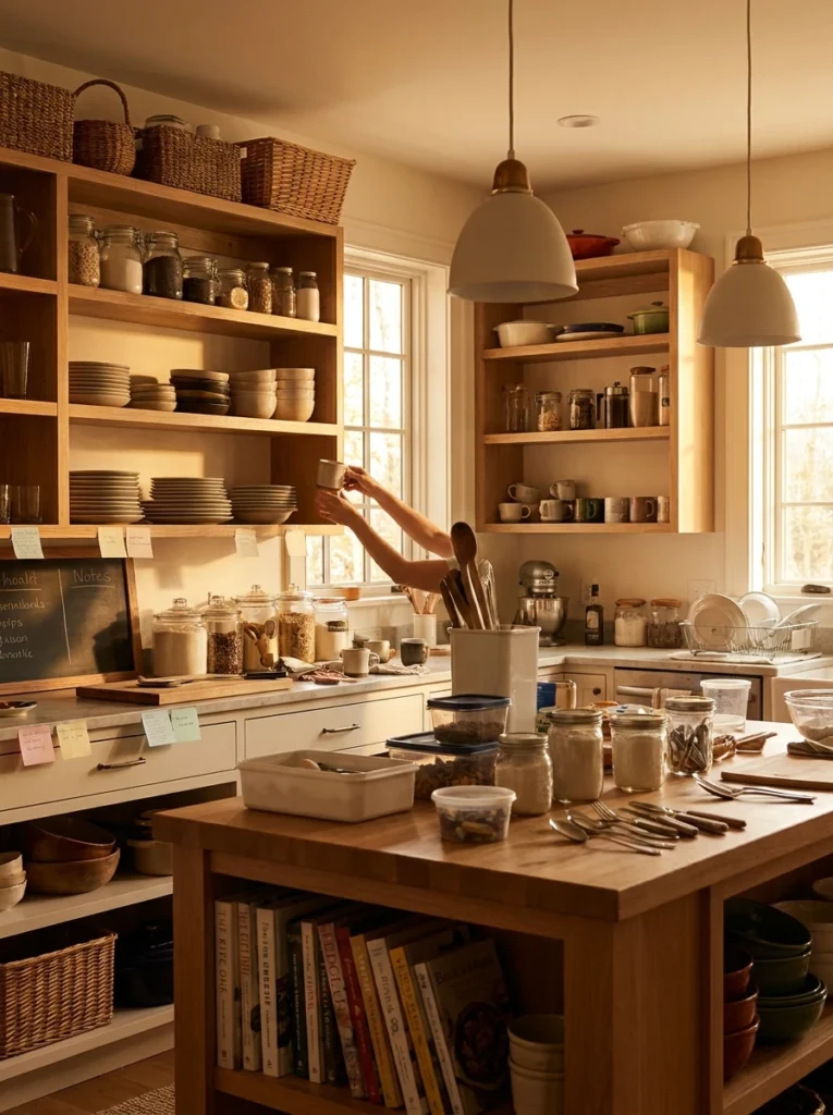 A kitchen mid-reorganization, items being shifted between zones as the system gets refined, warm kitchen lighting, vertical Pinterest photography, warm iterative styling.