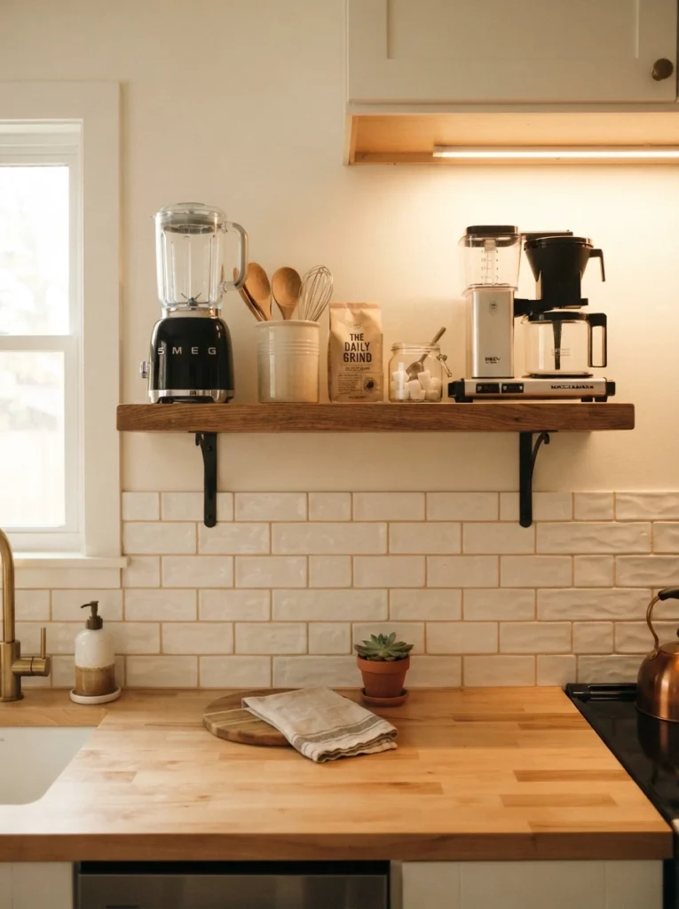 An open wall shelf above a kitchen counter holding a blender and coffee maker, counter space clear below, warm kitchen lighting, vertical Pinterest photography, warm visible-storage styling.