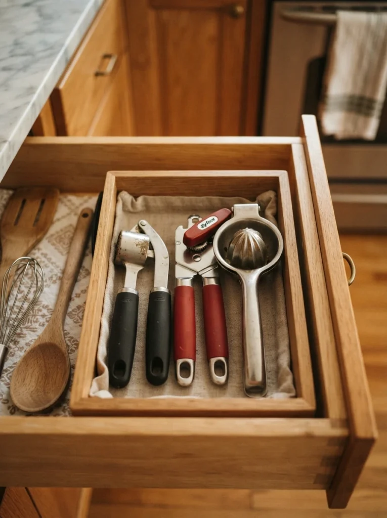 A small open bin inside a utensil drawer holding a garlic press, can opener, and citrus juicer, warm kitchen lighting, vertical Pinterest photography, warm loose-gadget styling.