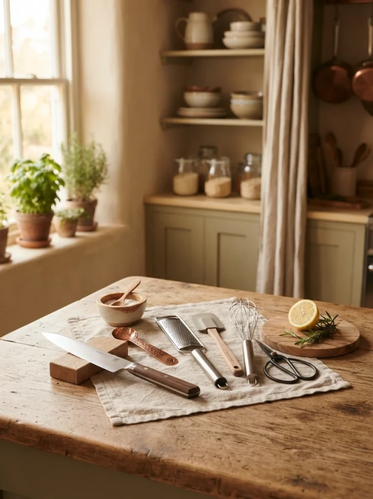 ![A small, curated collection of versatile kitchen tools in a studio kitchen, warm kitchen lighting, vertical Pinterest photography, warm minimal-tools styling.]