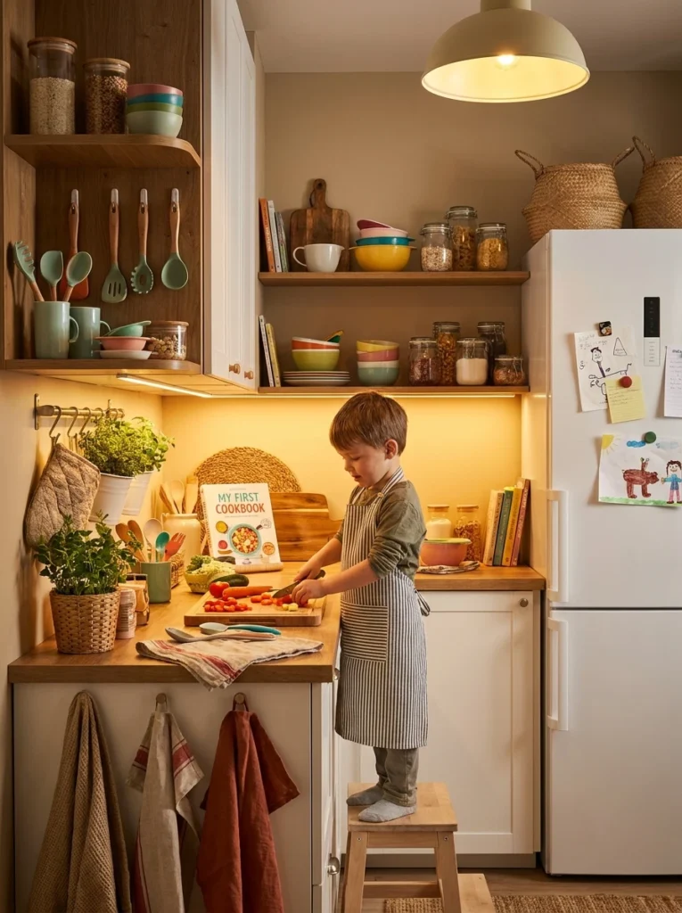 A kitchen zone being reassessed and adjusted to match new cooking habits, warm kitchen lighting, vertical Pinterest photography, warm revisited styling.