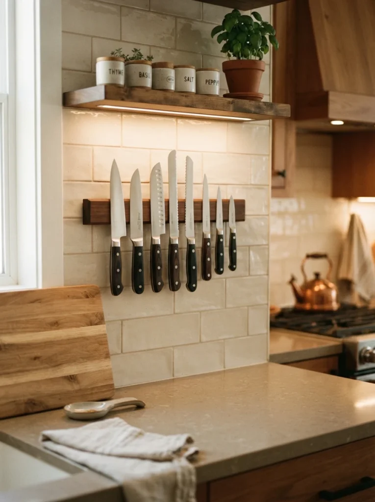A magnetic knife strip mounted on a kitchen wall, holding several knives, counter space clear below, warm kitchen lighting, vertical Pinterest photography, warm wall-mounted styling.