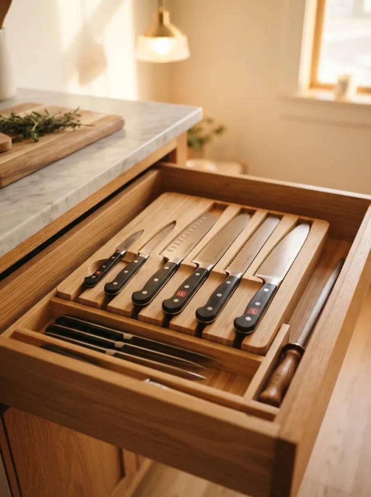 Knives seated fully into their slots with blades protected, inside an open kitchen drawer, warm kitchen lighting, vertical Pinterest photography, warm safety-focused styling.