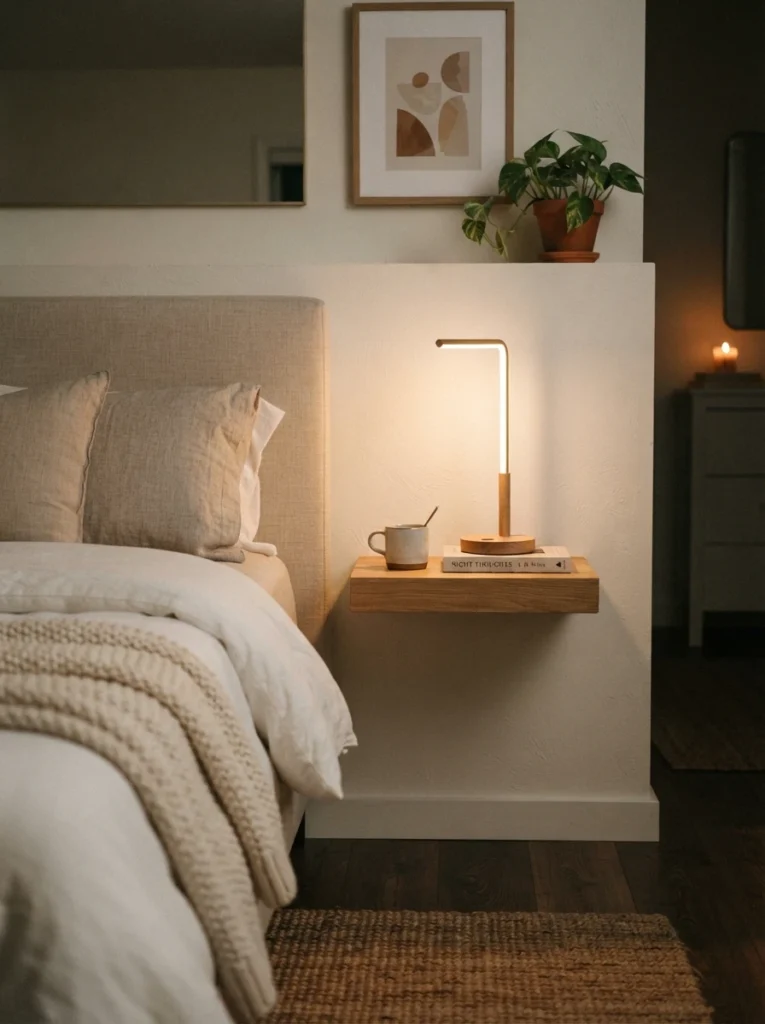 A narrow floating wood shelf mounted at mattress height beside a bed, small slim LED lamp glowing softly on top, minimalist styling, cozy neutral bedding, evening ambiance, vertical Pinterest photography, warm compact tones.
