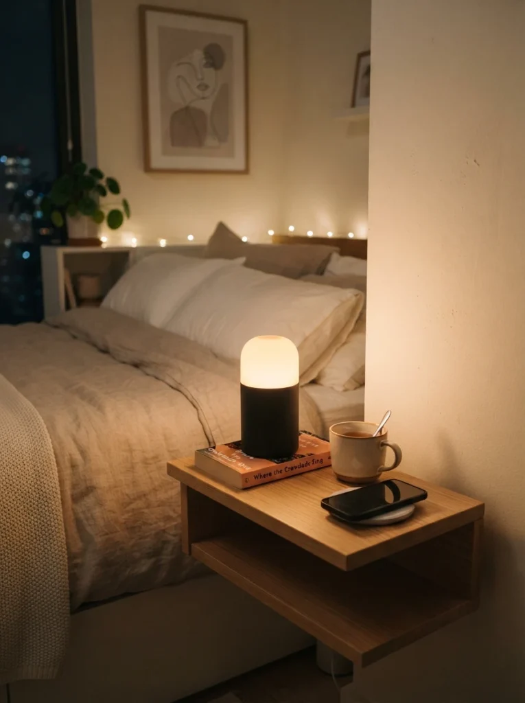 A small rechargeable LED lamp glowing warmly on a studio apartment nightstand, intimate cozy evening atmosphere, minimalist styling, vertical Pinterest photography, warm portable lighting detail.