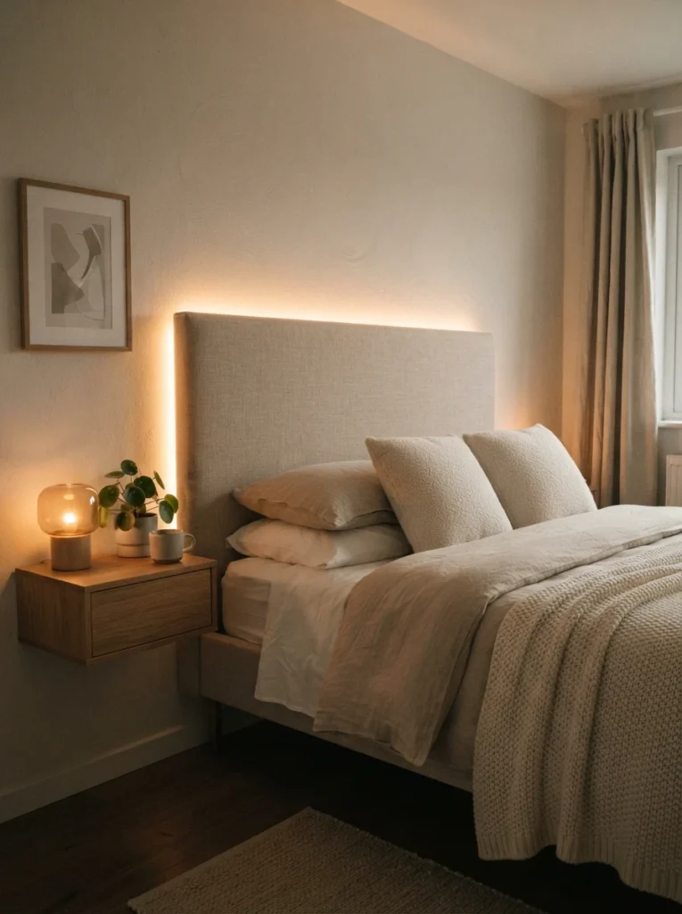 A warm LED strip glowing softly behind a bedroom headboard with no visible wiring, clean minimalist look, cozy neutral bedding, evening ambiance, vertical Pinterest photography, warm seamless glow.