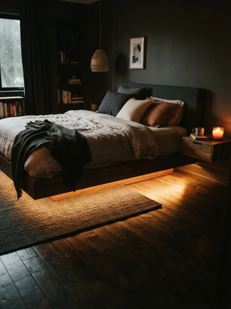 A pair of matching rechargeable wall sconces mounted on either side of a bed with no visible cords, warm brass fixtures glowing softly, neutral linen bedding, cozy evening bedroom scene, minimalist styling, vertical Pinterest photography, warm golden light.