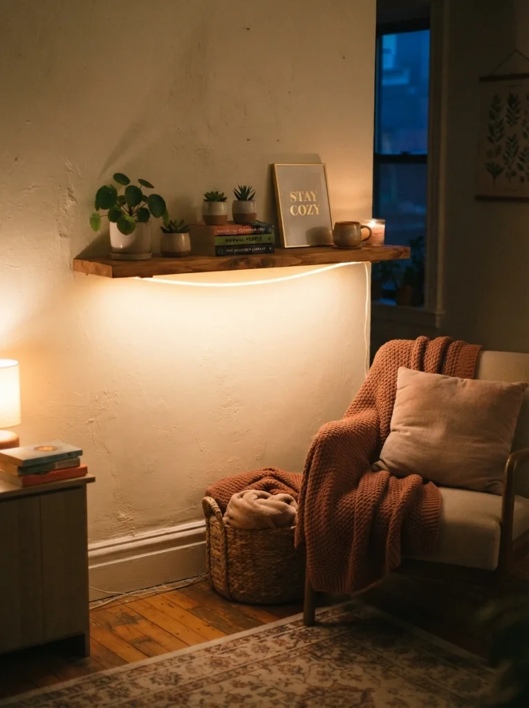Affordable LED strip lighting glowing warmly under a small apartment shelf, soft ambient accent, cozy budget styling, evening ambiance, vertical Pinterest photography, warm accessible tones.