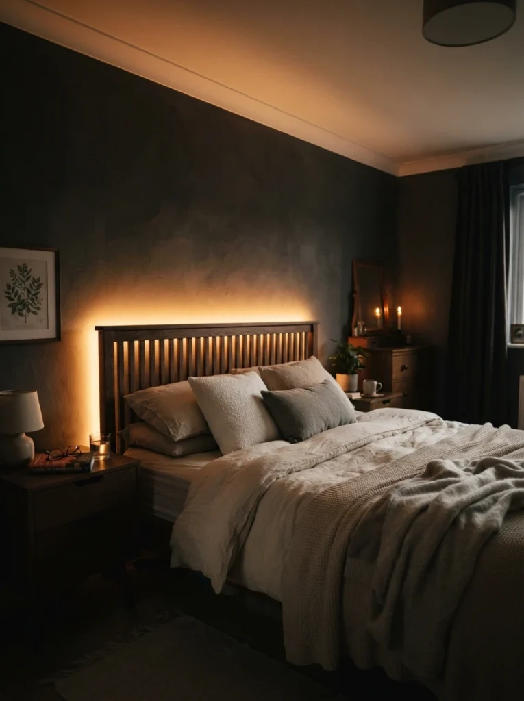 Warm amber LED strip lighting glowing softly behind a bedroom headboard, dim cozy atmosphere, neutral bedding, subtle ambient halo effect, evening wind-down mood, vertical Pinterest photography, warm moody tones.