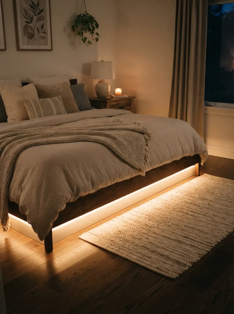 Warm LED strip lighting glowing softly along a bedroom baseboard, subtle floor-level ambient glow, cozy neutral bedding nearby, evening ambiance, vertical Pinterest photography, warm expansive tones.