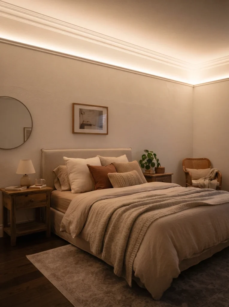 Warm LED strip lighting installed along the top edge of bedroom walls near the ceiling, soft upward glow creating height illusion, cozy neutral bed below, evening ambiance, vertical Pinterest photography, warm architectural lighting.