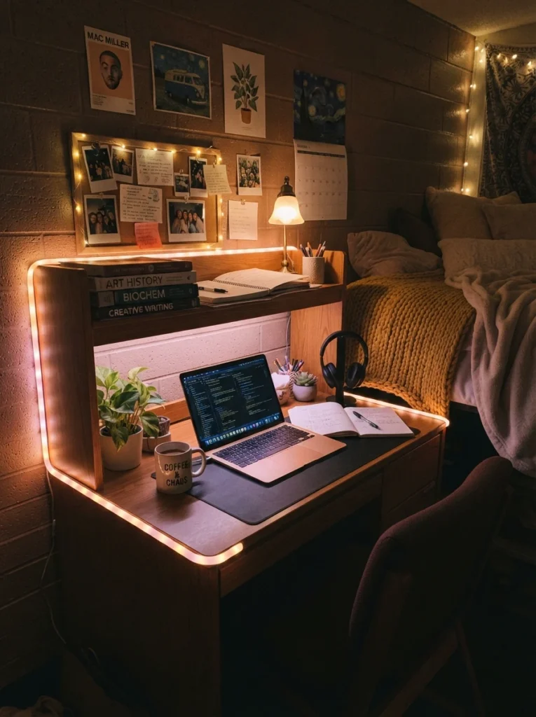 Warm LED strip lighting outlining a dorm desk setup with laptop and books, soft colorful glow, cozy compact styling, evening ambiance, vertical Pinterest photography, warm study-space tones.