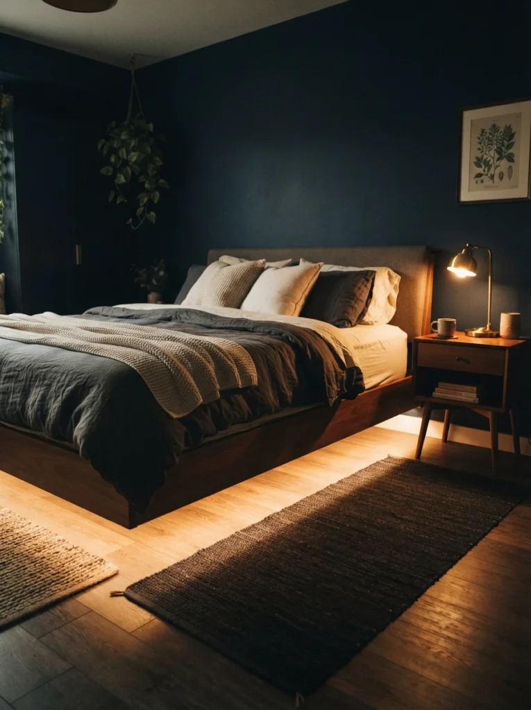 Nighttime small bedroom scene, warm amber LED strip lighting glowing softly underneath a low bed frame, bed appearing to float above the floor, dark navy walls, minimal nightstand with a small lamp, cozy moody atmosphere, shallow depth of field, vertical Pinterest interior photography, cinematic warm tones.