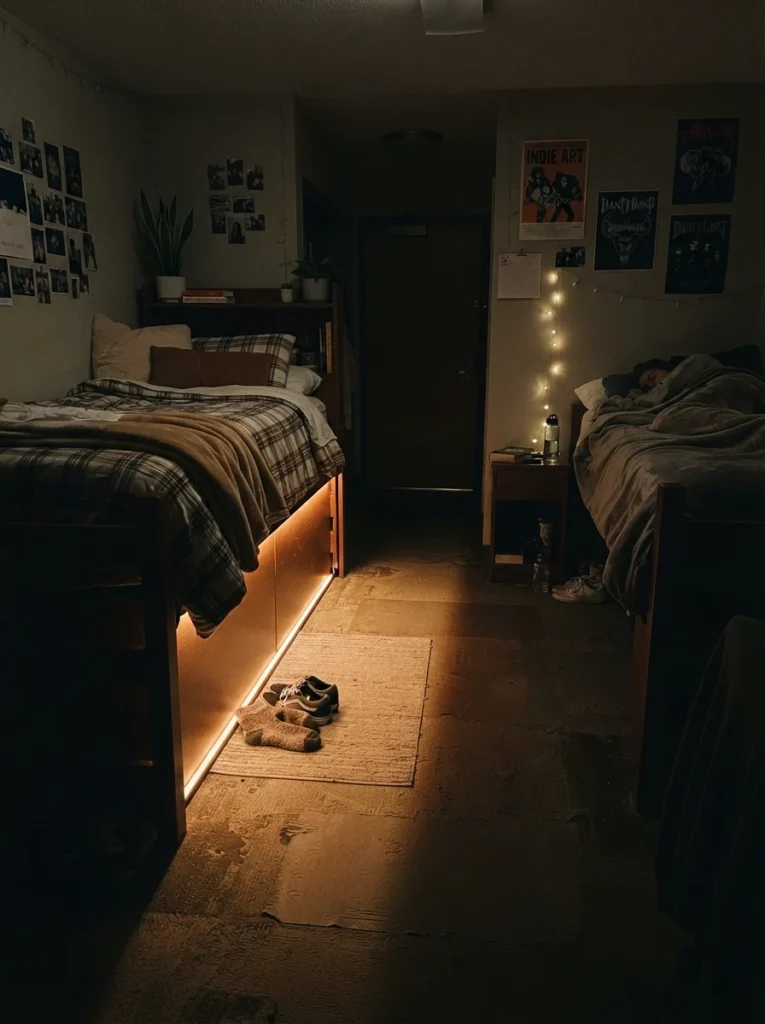 A warm motion-activated LED strip glowing softly under a dorm bed at night, subtle path lighting, roommate's bed visible and undisturbed nearby, vertical Pinterest photography, warm considerate tones.