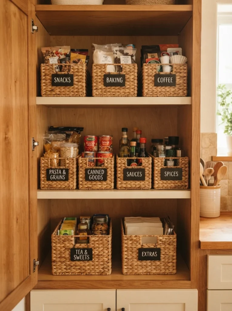 Labeled baskets inside a kitchen cabinet, each holding a different category of items, warm kitchen lighting, vertical Pinterest photography, warm labeled styling.