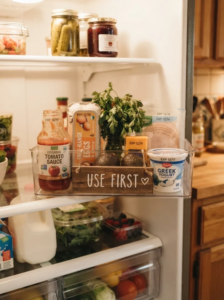 A labeled "use first" bin at eye level in a refrigerator, holding items nearing their expiration, warm kitchen lighting, vertical Pinterest photography, warm priority-focused styling.