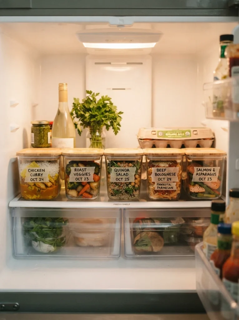 Labeled glass containers of leftovers in a refrigerator, each marked with contents and date, warm kitchen lighting, vertical Pinterest photography, warm labeled styling.
