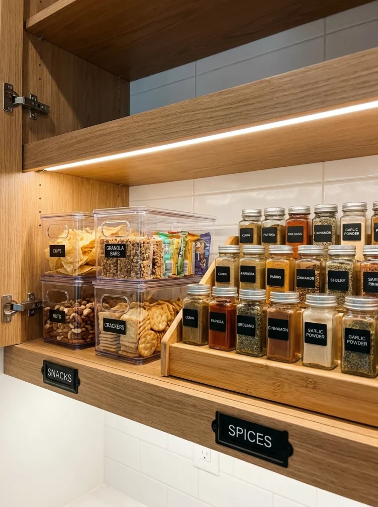 Labeled kitchen zones with clear markers on shelves and cabinets, warm kitchen lighting, vertical Pinterest photography, warm labeled-system styling.