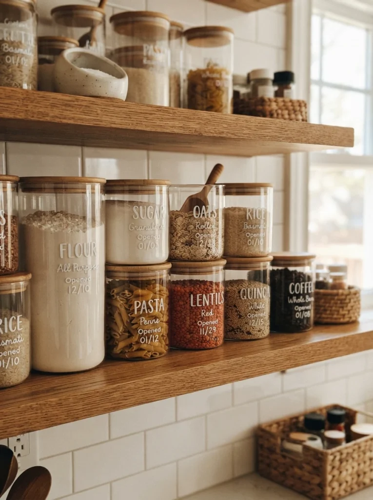 Labeled pantry containers with handwritten dates and contents, organized on an open shelf, warm kitchen lighting, vertical Pinterest photography, warm organized detail.
