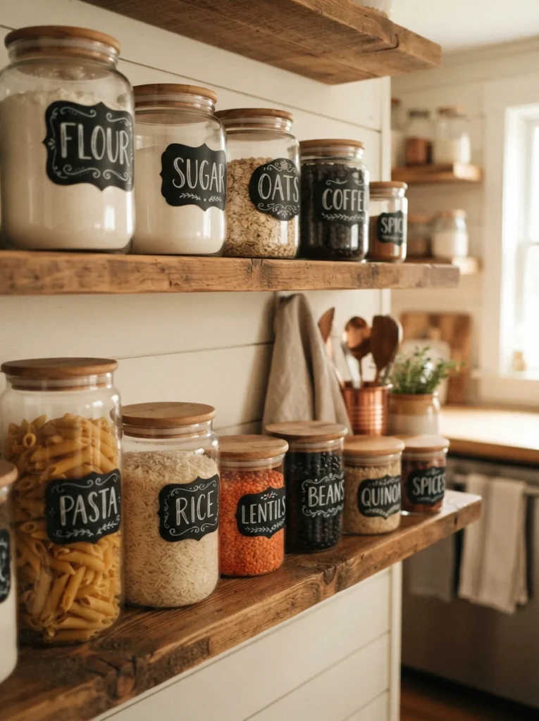 Chalkboard-style labels on pantry jars, handwritten contents, warm kitchen lighting, vertical Pinterest photography, warm handwritten styling.