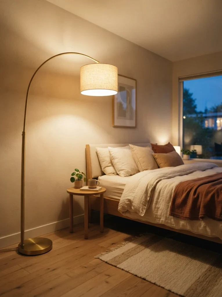 A cozy small bedroom corner at dusk, tall arched brass floor lamp with a linen drum shade casting warm golden light upward onto a soft beige wall, neatly made bed with layered cream and terracotta bedding in the background, minimalist Scandinavian styling, soft shadows, warm 2700K lighting, vertical Pinterest photo composition, shot on 35mm film, cozy editorial interior photography style.