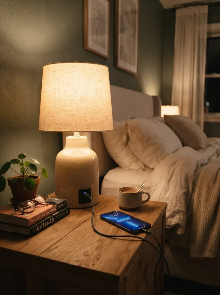 A warm bedside table lamp with a visible built-in USB and AC outlet in its base, phone charging cable plugged in, soft golden lamp glow, cozy neutral nightstand styling, evening ambiance, vertical Pinterest photography, warm intimate tones.