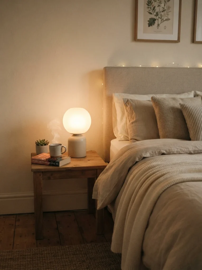 A small bedroom lamp with a soft frosted glass shade diffusing warm light with no harsh glare, cozy neutral bedding nearby, evening ambiance, vertical Pinterest photography, warm diffused detail.