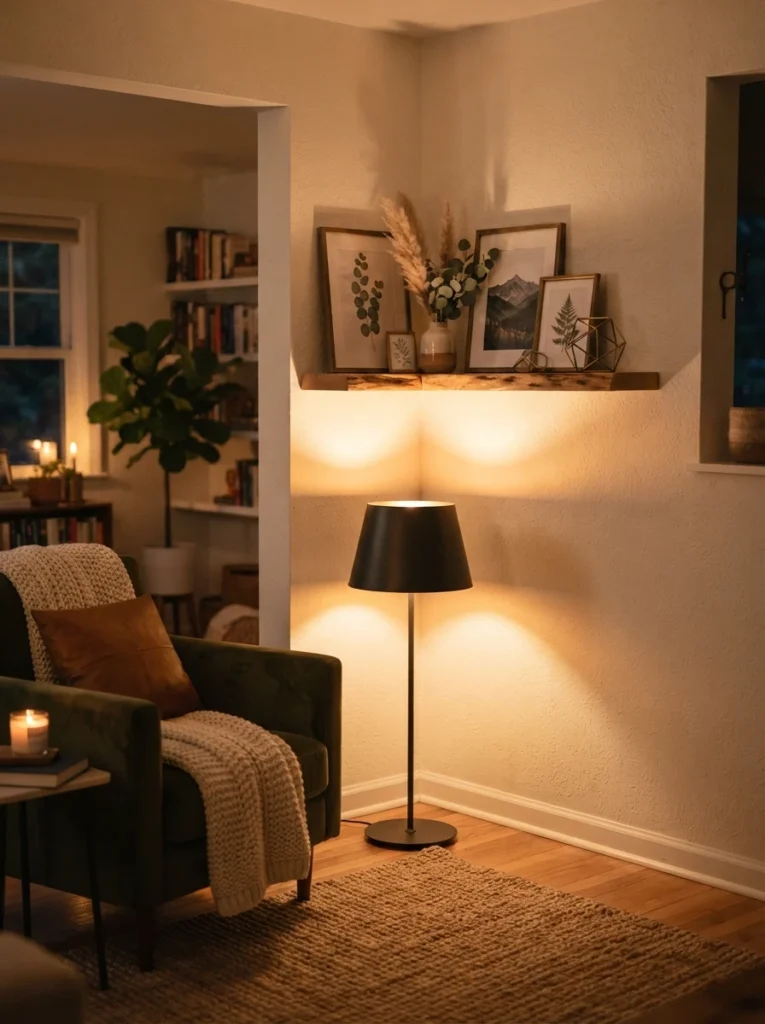 A single dark opaque lamp shade directing warm light upward toward a corner accent feature, rest of the room lit separately, evening ambiance, vertical Pinterest photography, warm intentional accent.