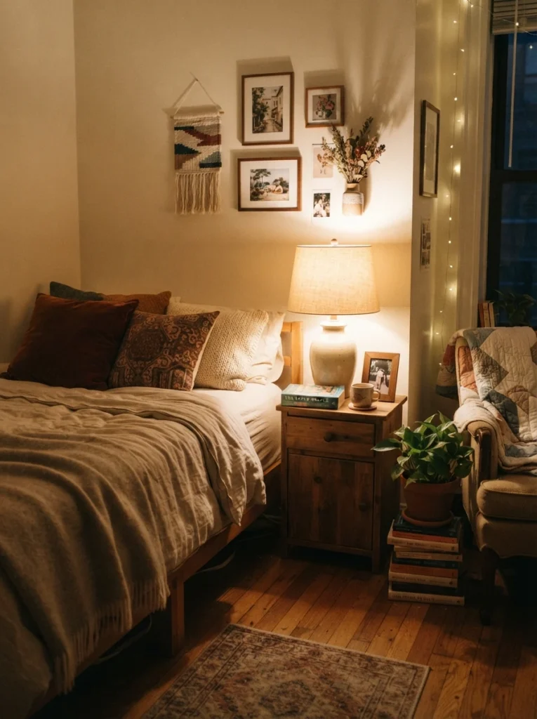 A single well-chosen quality lamp glowing warmly beside a small apartment bed, surrounded by thrifted and budget-friendly decor, cozy balanced styling, evening ambiance, vertical Pinterest photography, warm intentional spending.