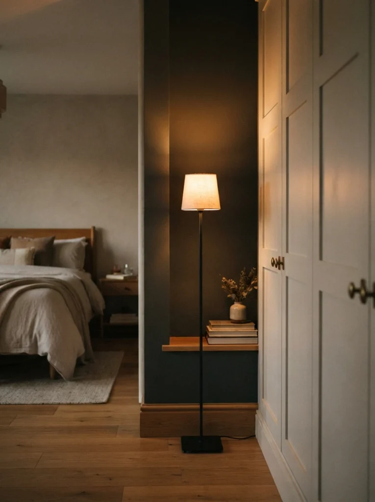 A slim floor lamp tucked into a narrow alcove beside built-in wardrobes, warm soft glow filling the gap, cozy neutral bedroom nearby, evening ambiance, vertical Pinterest photography, warm tucked-away styling.