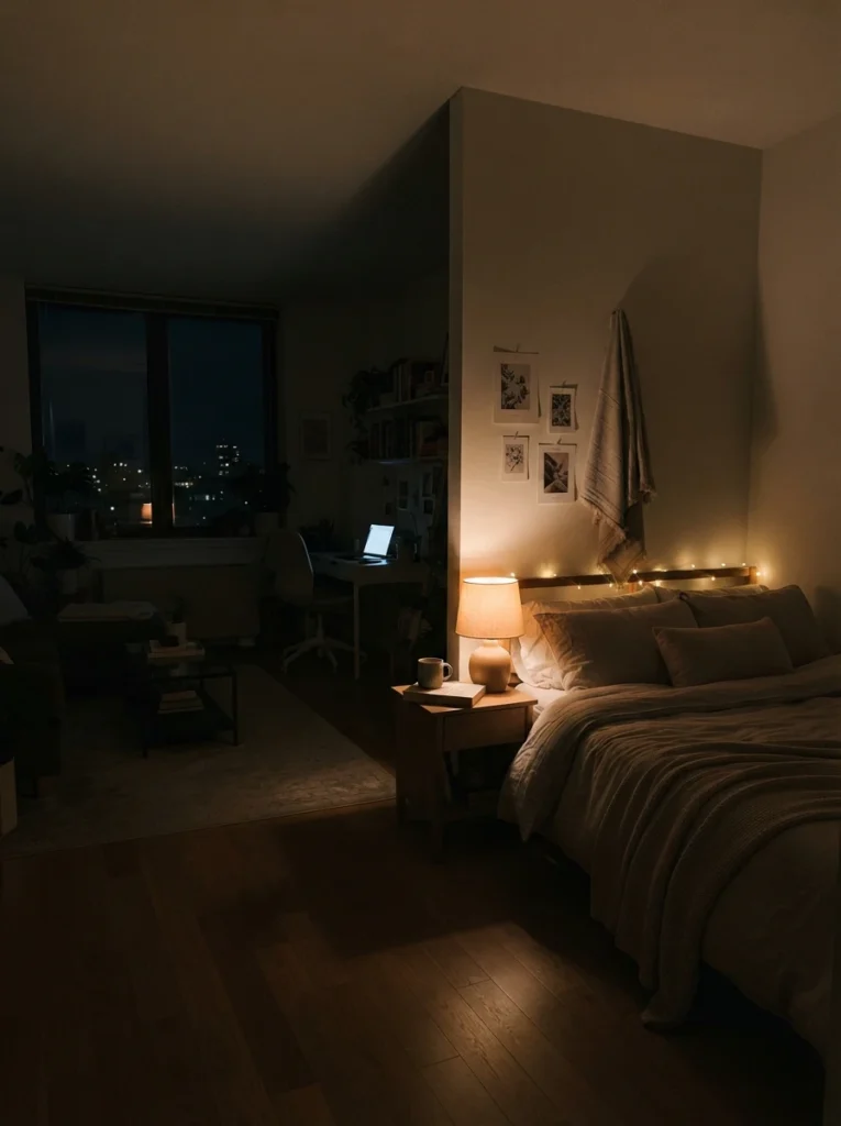 A studio apartment at night with the work and living zones dimmed to near darkness while a single warm lamp glows in the sleep corner, calm nighttime atmosphere, vertical Pinterest photography, warm selective lighting.