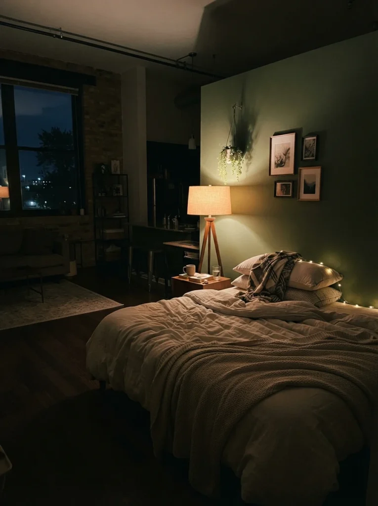 A studio apartment at night with the work and living zones dimmed to near darkness while a single warm lamp glows in the sleep corner, calm nighttime atmosphere, vertical Pinterest photography, warm selective lighting.