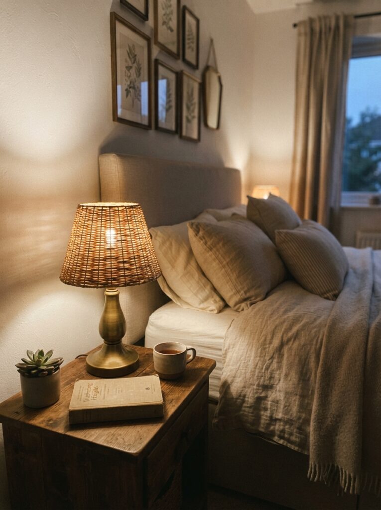 A small bedroom lamp with an aged brass base and woven rattan shade, warm textured glow, cozy neutral bedding, evening ambiance, vertical Pinterest photography, warm timeless material detail.