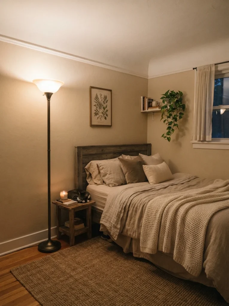 A tall torchiere floor lamp in the corner of a small bedroom, warm light washing upward across the ceiling, cozy neutral bed below, evening ambiance, vertical Pinterest photography, warm ambient glow.