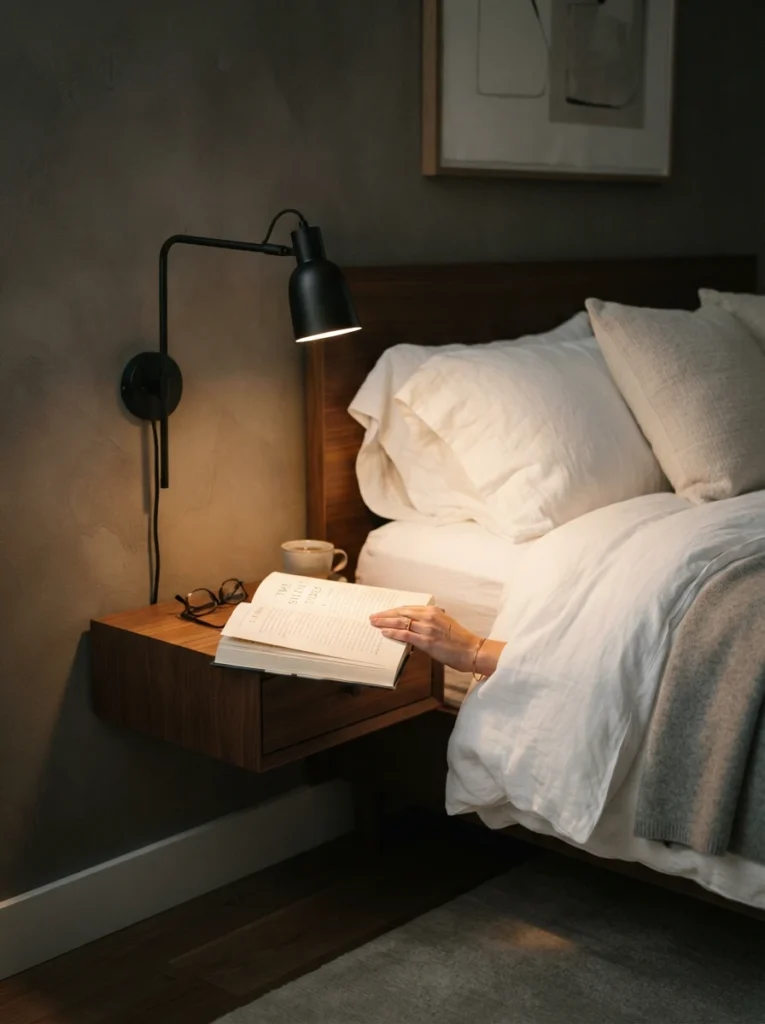A sleek matte black adjustable reading lamp mounted beside a hotel-style bed, focused warm light on an open book, crisp white bedding, minimalist luxurious styling, evening ambiance, vertical Pinterest photography, warm directional lighting detail.