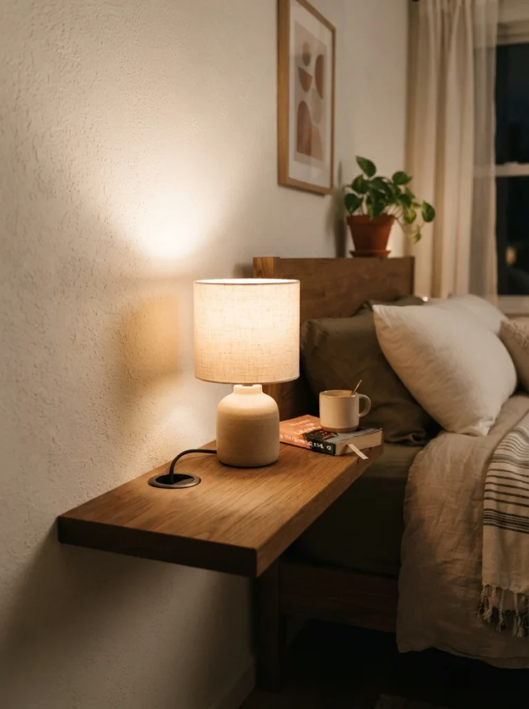 A small lamp on a narrow floating shelf beside a bed, cord neatly routed through a hidden cable grommet, clean minimalist surface, warm glow, cozy evening ambiance, vertical Pinterest photography, warm tidy detail shot.