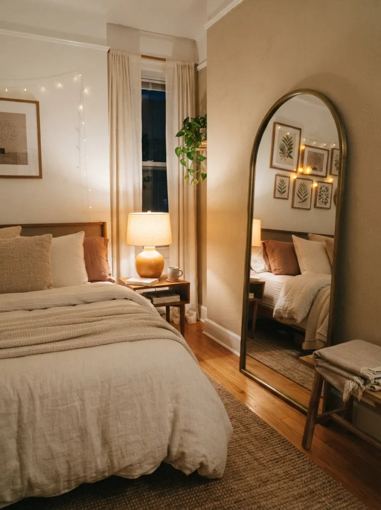 A large mirror positioned across from a warm glowing lamp in a small apartment bedroom, light reflecting back into the room, cozy neutral bedding, evening ambiance, vertical Pinterest photography, warm expansive tones.