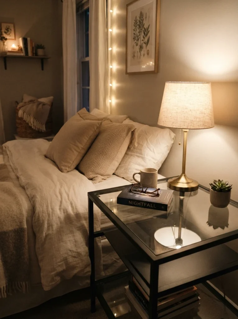 A glass-top nightstand reflecting warm lamp light in a small bedroom, extended glow across the room, cozy neutral bedding, evening ambiance, vertical Pinterest photography, warm reflective detail.