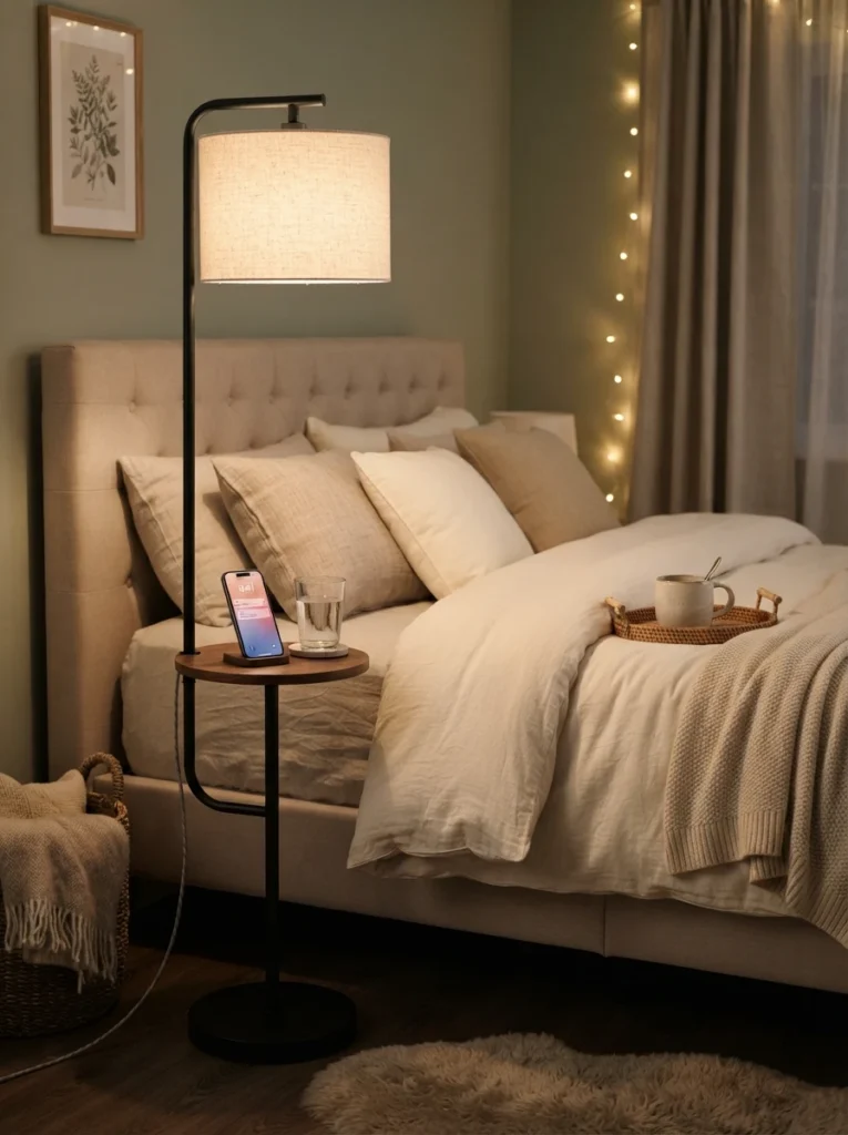 A floor lamp with a small built-in shelf holding a phone and glass of water beside a bed, warm glow, no separate nightstand needed, cozy neutral bedding, evening ambiance, vertical Pinterest photography, warm functional detail.